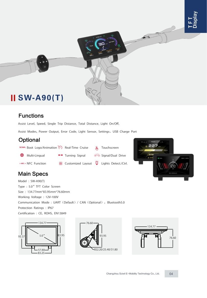 SW-A90(T) TFT Display specifications and dimension drawing