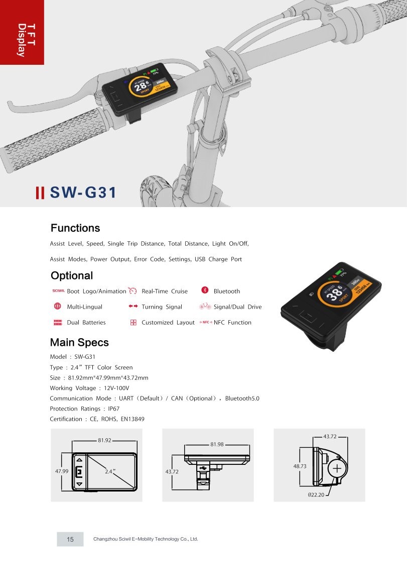 SW-G31 TFT Display specifications and dimension drawing