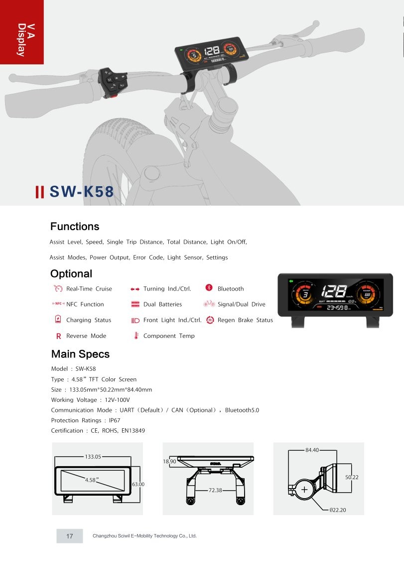 SW-K58 TFT Display specifications and dimension drawing