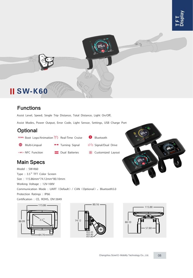 SW-K60 TFT Display specifications and dimension drawing