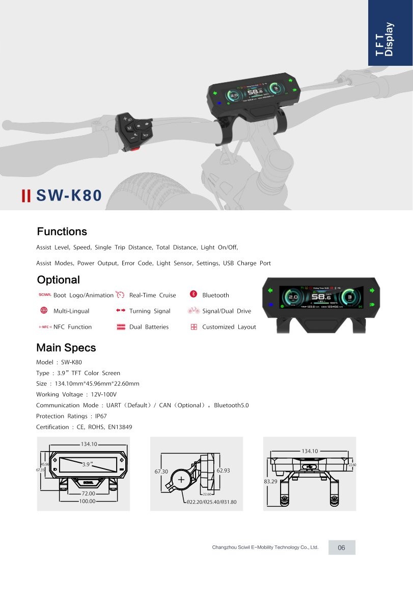 SW-K80 TFT Display specifications and dimension drawing