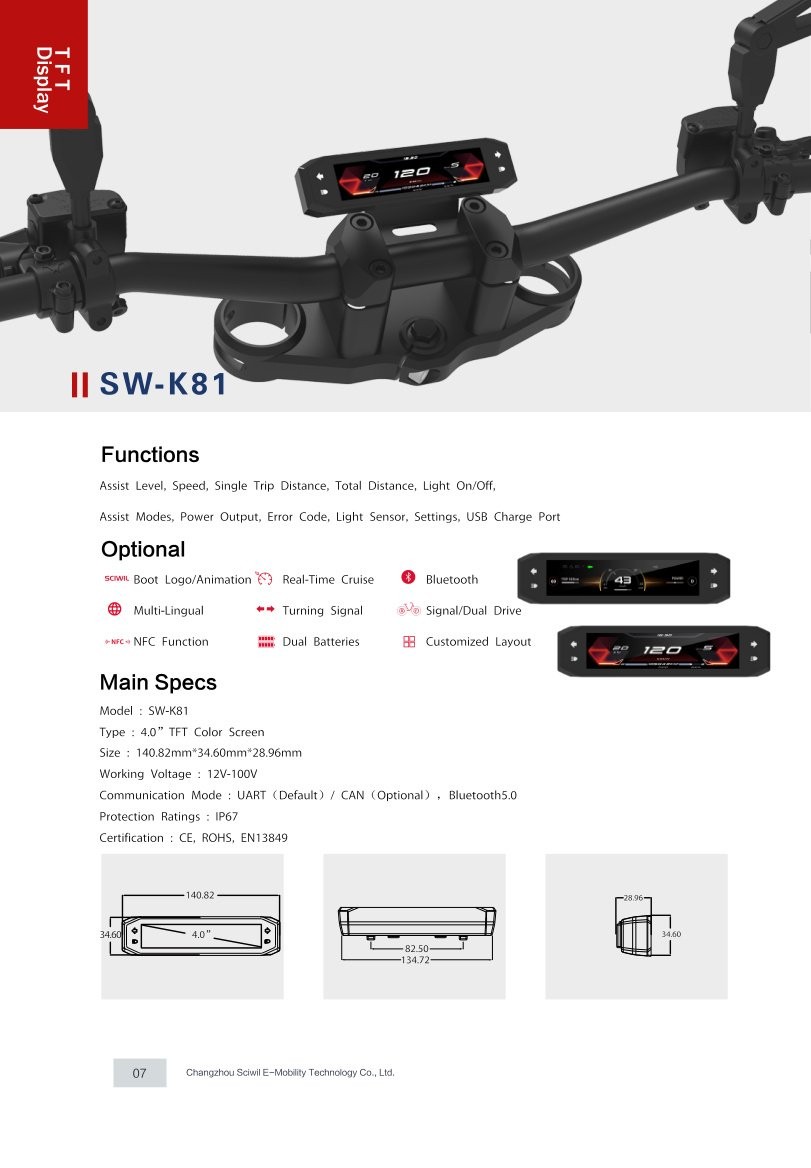 SW-K81 TFT Display specifications and dimension drawing