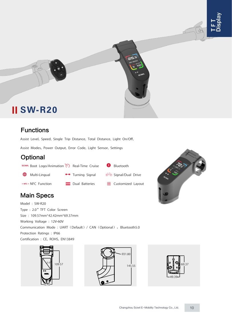SW-R20 TFT Display specifications and dimension drawing