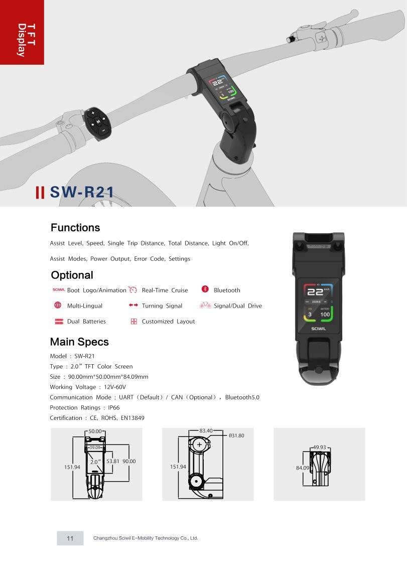 SW-R21 TFT Display specifications and dimension drawing