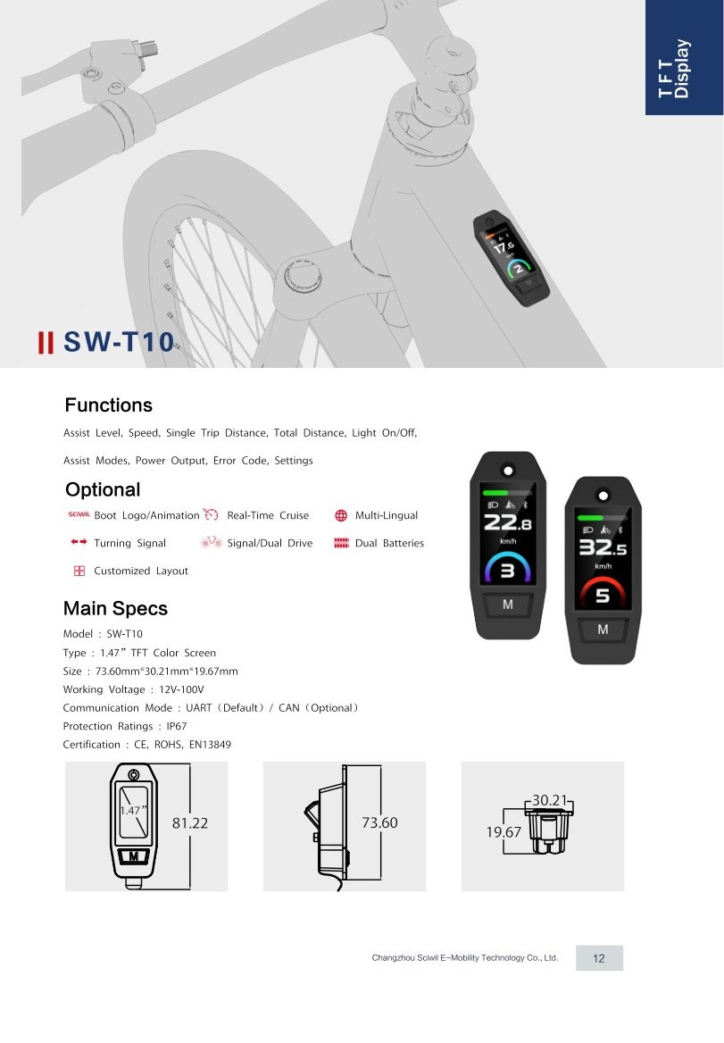 SW-T10 TFT Display specifications and dimension drawing